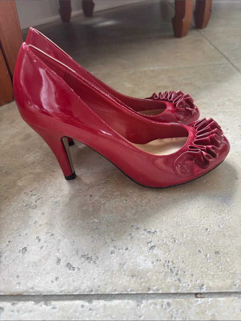 Pierre Dumas Red Patent Ruffle Peep-Toe Heels